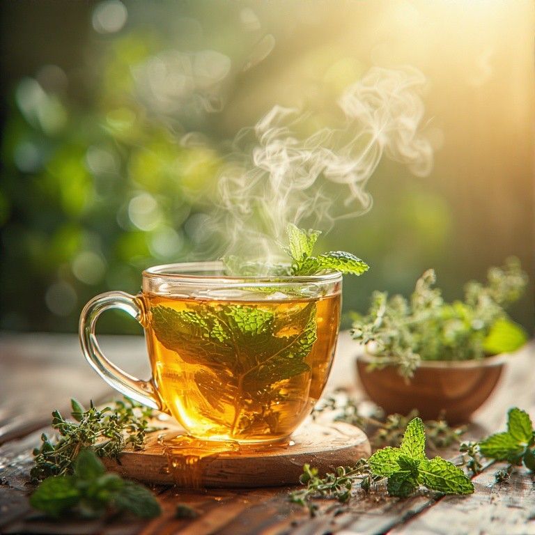 Ceramic cup of freshly steeped herbal tea with visible steam rising